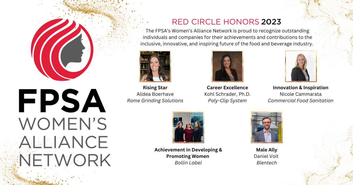 2023 RED CIRCLE HONOR RECIPIENTS Rising Star — Alidea Boerhave, Rome Grinding Solutions Innovation and Inspiration — Nicole Cammarata, Commercial Food Sanitation Male Ally — Daniel Voit, Blentech Corporation Career Excellence — Kohl Schrader, Ph.D., Poly-clip System Achievement in Developing and Promoting Women — Bollin Label